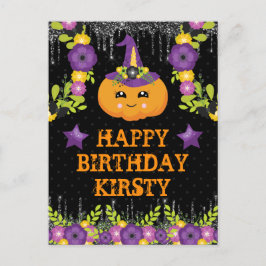 Cute Halloween Pumpkin Blommigt Grattis på födelse Vykort