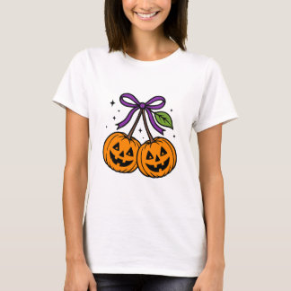Cute Halloween Pumpkin Cherries med Lila Bow T Shirt