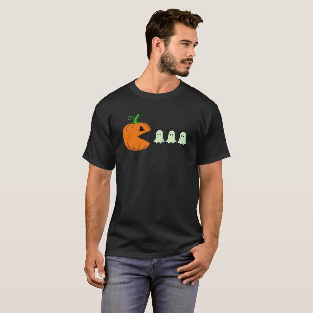 Cute Halloween Pumpkin Eats Spöken Funny Gamer T Shirt (Hel framsida)