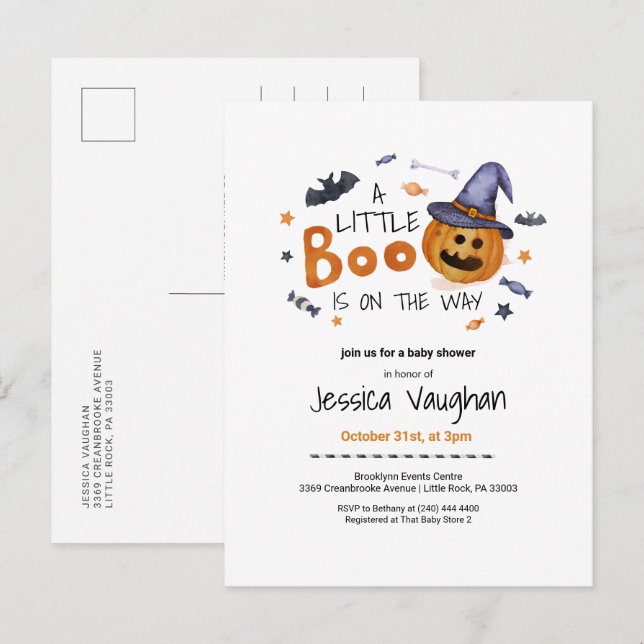 Cute Halloween Pumpkin Little Boo Baby Shower Inbjudan Vykort (Fram/baksida)