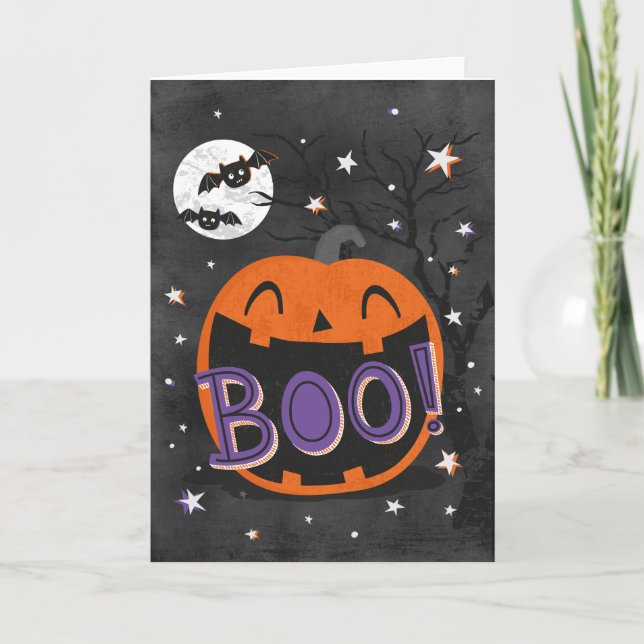 Cute Halloween Pumpkin med handlettrat Boo Tack Kort (Framsida)