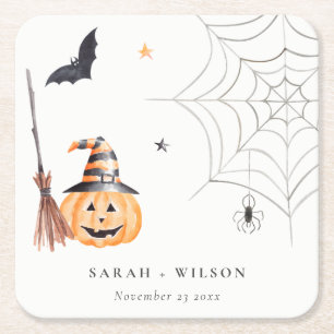 Cute Halloween Pumpkin Spindelnät Spooky Bröllop Underlägg Papper Kvadrat