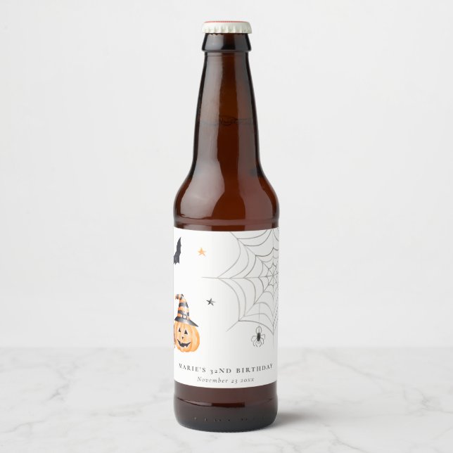 Cute Halloween Pumpkin-Spindelnät vid någon ålder Ölflaska Etikett (Framsida)