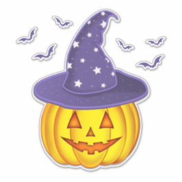 Cute Halloween Pumpkin Wear Witch Hat & Fladdermös Klistermärken