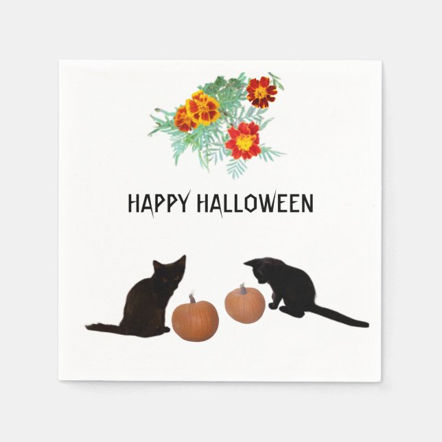Cute Halloween Pumpkins Marigolds Svarta katter Pappersservett (Framsidan)