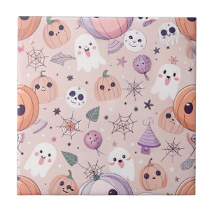 Cute Halloween Pumpkins & Spöken på Rosa Seamless Kakelplatta