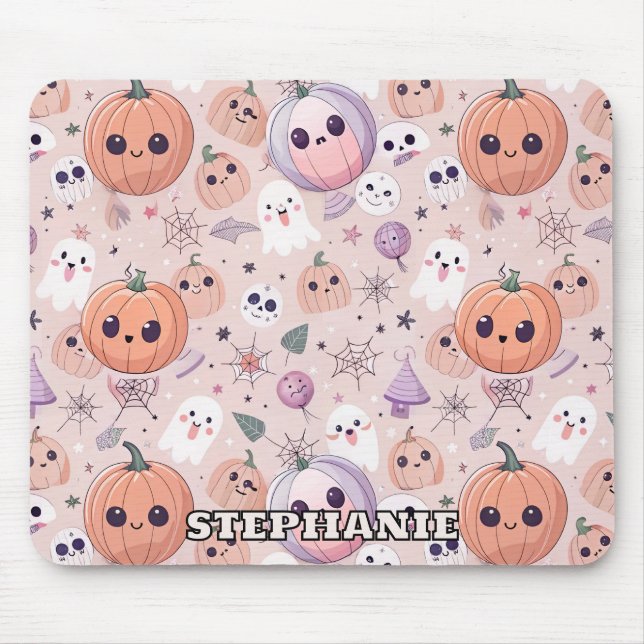 Cute Halloween Pumpkins & Spöken på Rosa Seamless Musmatta (Framsidan)