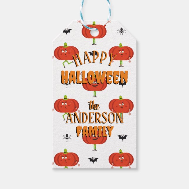 Cute halloween pumpor, spinder och fladdermus möns presentetikett (Framsidan)