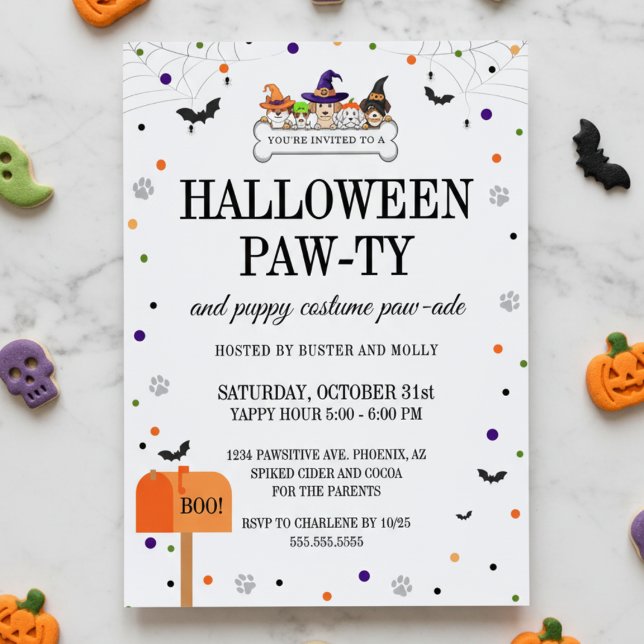 Cute Halloween Puppy Parade Dog Party Inbjudningar (cute dog pawty halloween costume parade for puppy invitation printed and on counter with dog treats)