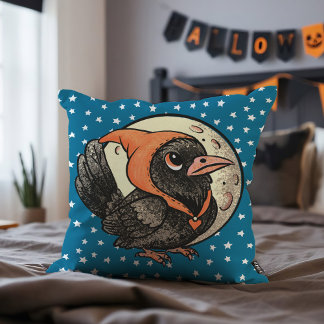 Cute Halloween Raven in Orange Costume Måne Stars Kudde