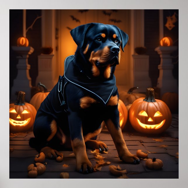 Cute Halloween Rottweiler Hund Natt med Pumpkins Poster (Framsidan)