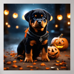 Cute Halloween Rottweiler Puppy Hund w Pumpkins Poster