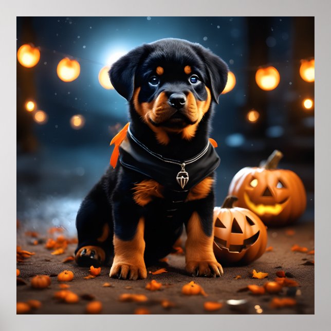 Cute Halloween Rottweiler Puppy Hund w Pumpkins Poster (Framsidan)