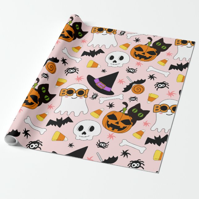 Cute Halloween Seamless Mönster Ghost Cat Pumpkin Presentpapper (Utrullad)