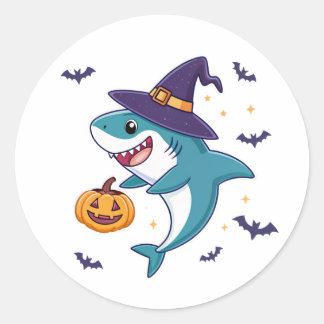 Cute Halloween Shark med Witch Hat och Pumpkin Runt Klistermärke