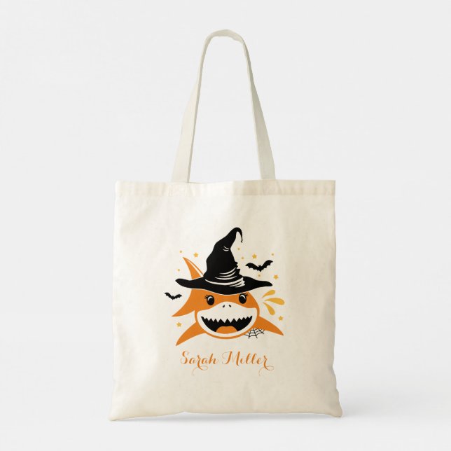Cute Halloween Shark Witch Hat Tote Bag Tygkasse (Baksida)