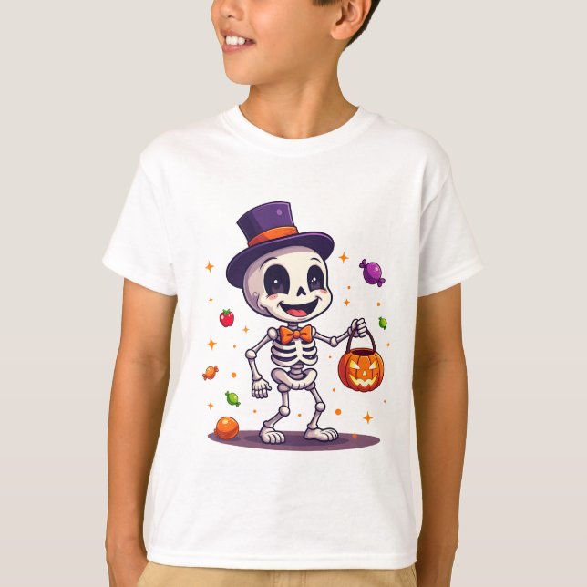 Cute halloween skeleton candy t-shirt design (Framsida)
