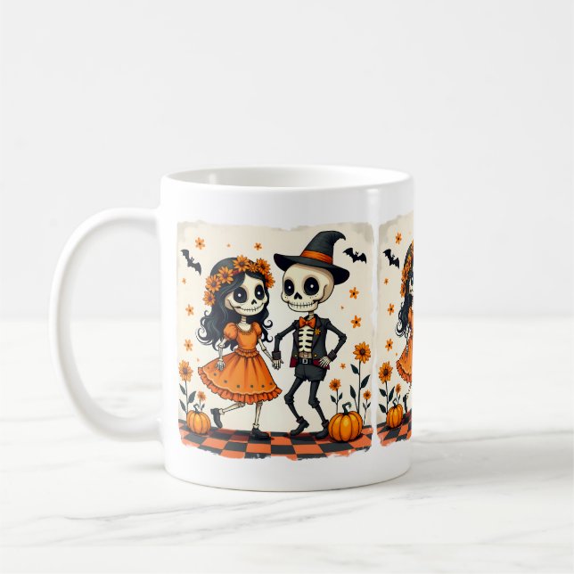 Cute Halloween Skeleton Ett par i Orange Kaffemugg (Vänster)