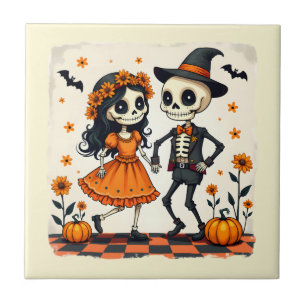 Cute Halloween Skeleton Ett par i Orange Kakelplatta