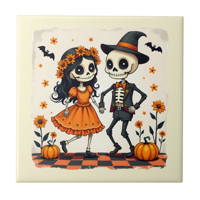 Cute Halloween Skeleton Ett par i Orange Kakelplatta (Framsidan)