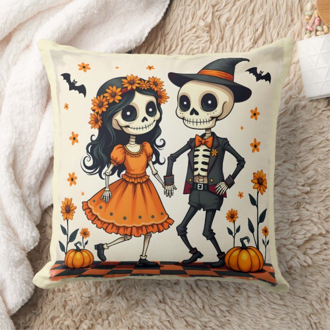Cute Halloween Skeleton Ett par i Orange Kudde (Filt)