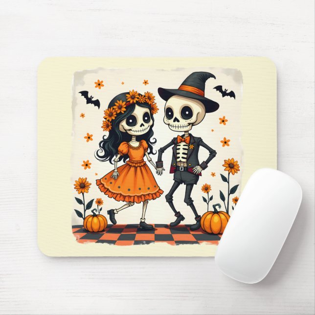 Cute Halloween Skeleton Ett par i Orange Musmatta (Med mus)