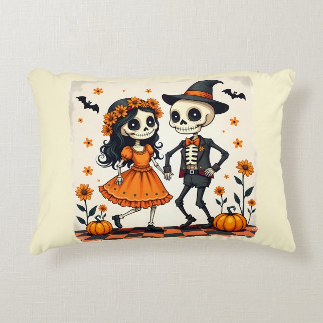 Cute Halloween Skeleton Ett par i Orange Prydnadskudde (Framsidan)