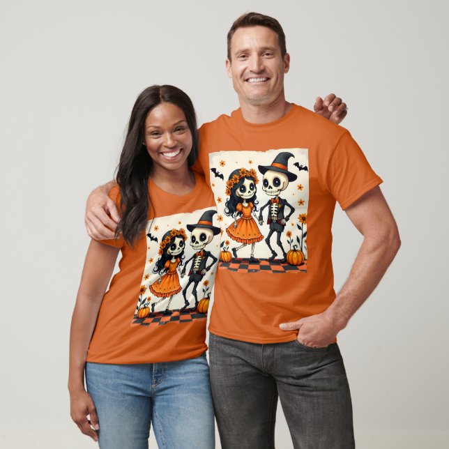 Cute Halloween Skeleton Ett par i Orange T Shirt (Unisex)