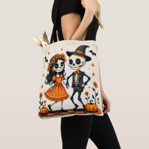 Cute Halloween Skeleton Ett par i Orange Tygkasse