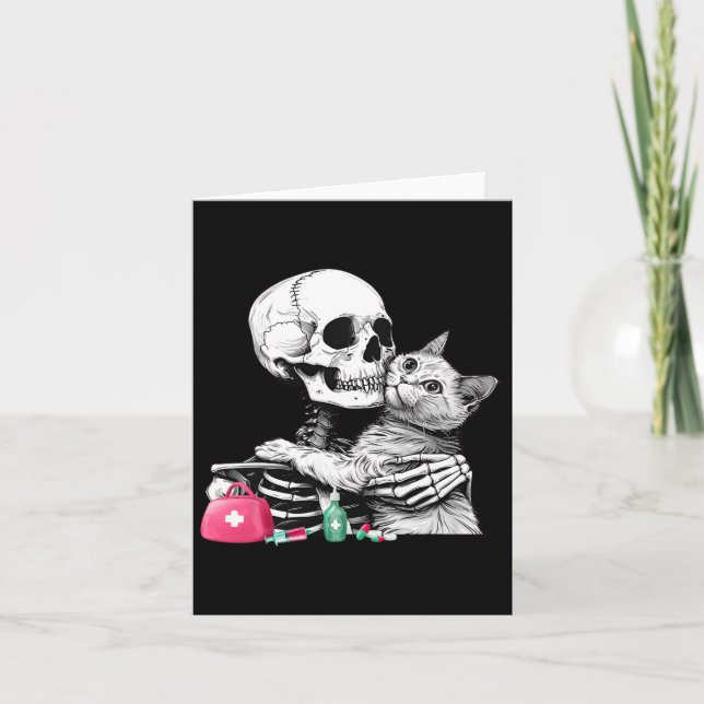 Cute Halloween Skeleton Hug Cat Vet Veterinar Kort (Framsida)