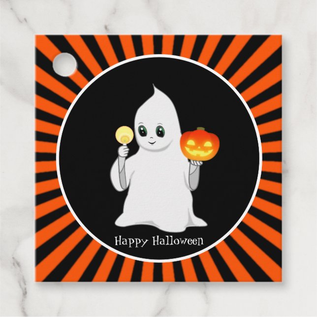 Cute Halloween-spöke och pumpa på svart och orange Gåvor Etiketter (Framsida)