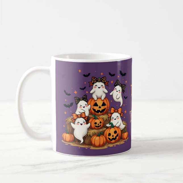 Cute Halloween Spöken i Coquette Bows & Pumpkins Kaffemugg (Vänster)