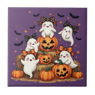 Cute Halloween Spöken i Coquette Bows & Pumpkins Kakelplatta