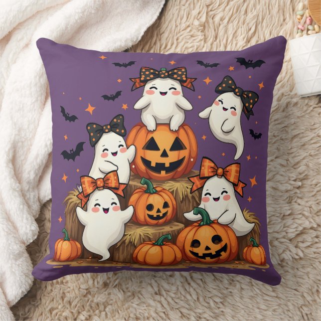 Cute Halloween Spöken i Coquette Bows & Pumpkins Kudde (Filt)