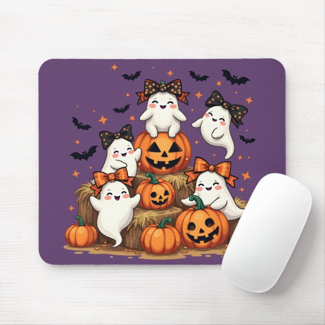 Cute Halloween Spöken i Coquette Bows & Pumpkins Musmatta (Med mus)