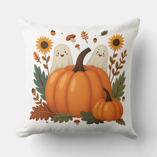 Cute Halloween Spöken med Pumpkins och Autumn Lea Kudde (Framsida)