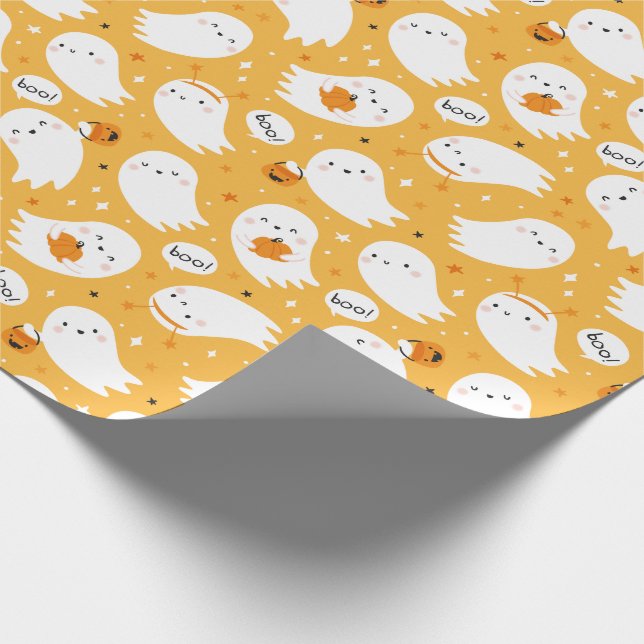 Cute Halloween Spöken med pumpor på orange Presentpapper (Hörn)