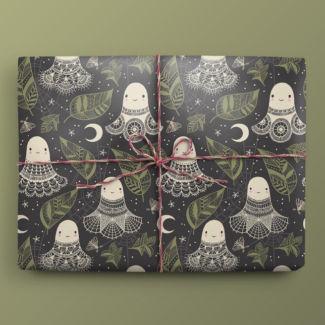 Cute Halloween Spöken Snöre - Grönt Presentpapper (Gift Mockup)