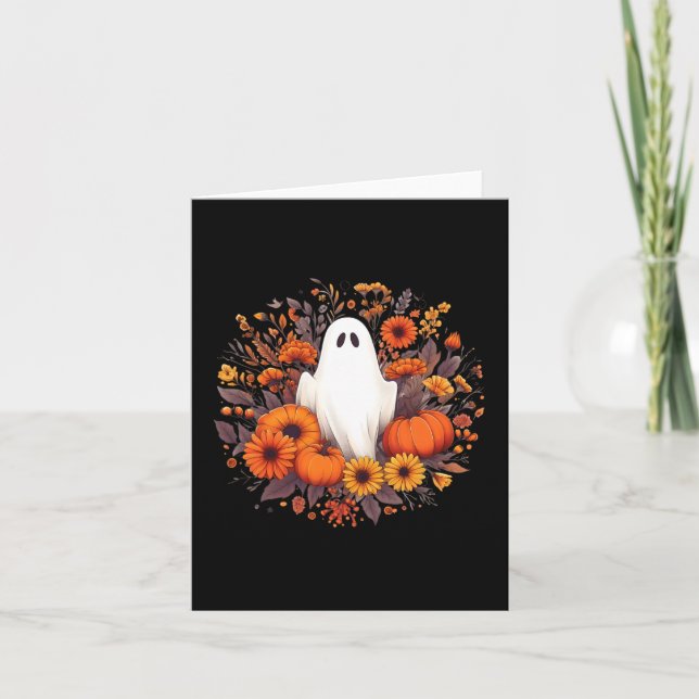 Cute Halloween Spooky Ghost Fall Pumpkin Autumn Fl Kort (Framsida)