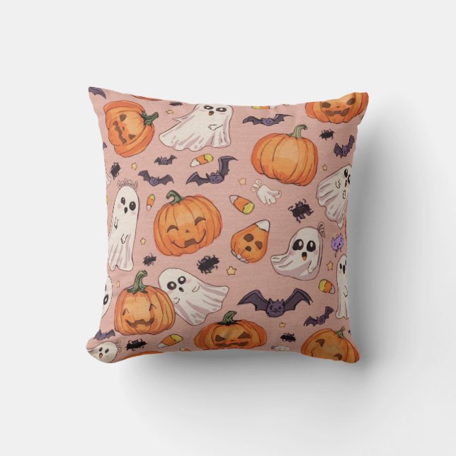 Cute Halloween Square Pillow - Pumpkins & Spöken Kudde (Framsida)