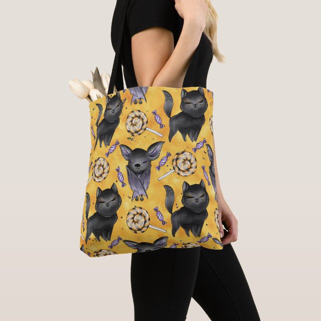 CUTE HALLOWEEN SVARTA KATTER OCH FLADDERMÖSS TYGKASSE (Närbild)