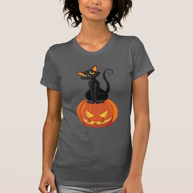 Cute Halloween-t-shirt med katt och pumpa Tee (Framsida)