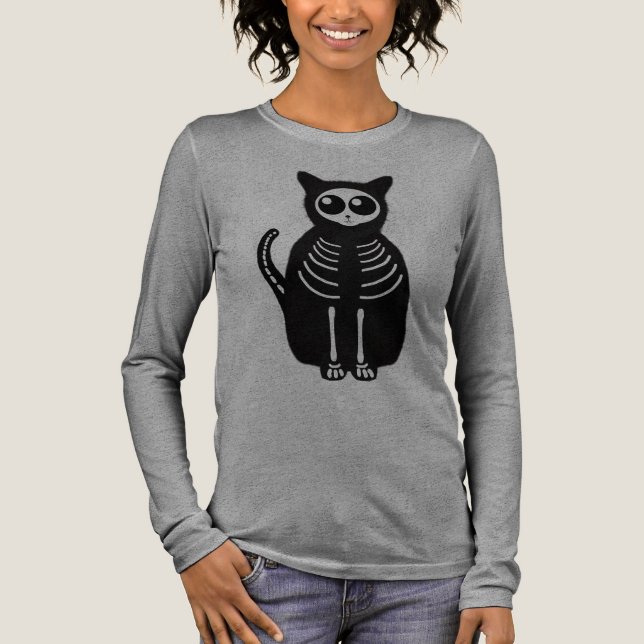 Cute Halloween Tecknad Cat Skeleton T Shirt (Framsida)
