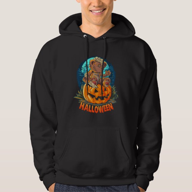 Cute Halloween Teddy Bear Sitting Pumpkin Hallowee Hoodie (Framsida)