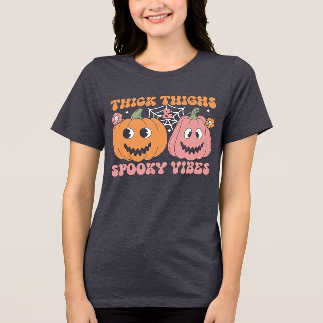 Cute Halloween Thick Thighs Spooky Vibes Pumpkins T Shirt (Framsida)