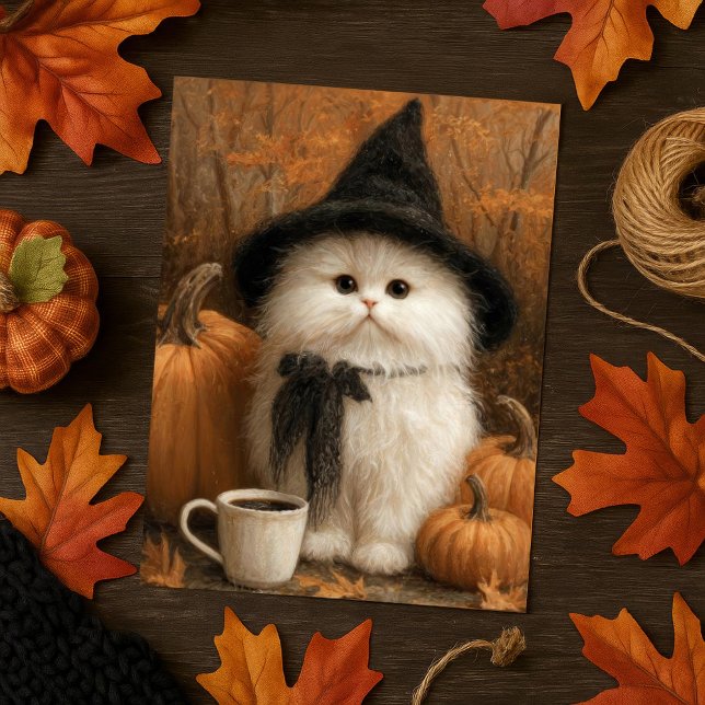 Cute Halloween White Cat Witch med kaffe Kopp Vykort (Skapare uppladdad)