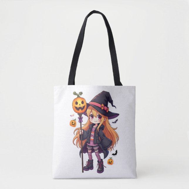Cute Halloween Witch Anime Girl Sticker Tygkasse (Framsida)
