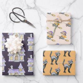 Cute Halloween Witch Black Cat Old House