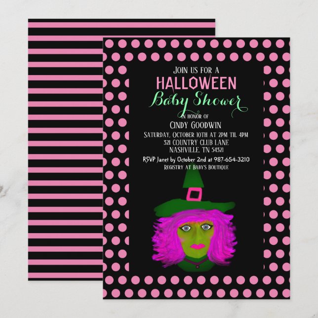 Cute Halloween Witch Black Rosa Girl Baby Shower Inbjudningar (Fram/baksida)