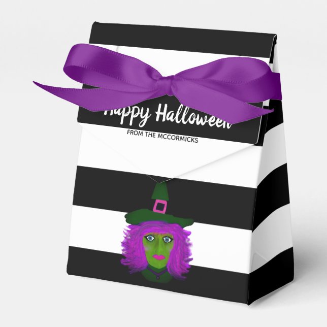 Cute Halloween Witch Black Stripe Party Namn Presentaskar (Framsidan Sidan)